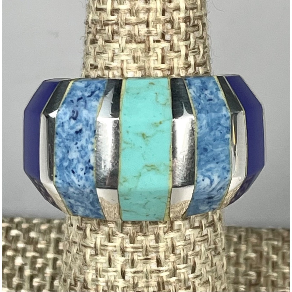 ATI Thai 925 Sterling Silver Multicolor Gemstone Inlay Ring Size 5.75 11.95g